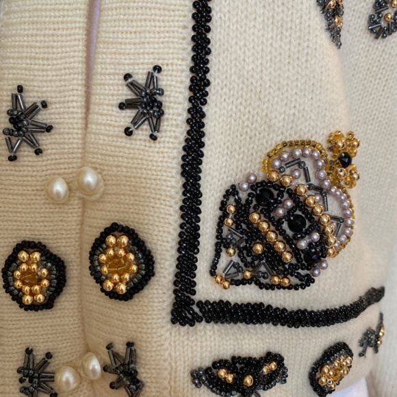 Vintage Premode Wool Beaded Cardigan Jacket (M) I Pearl & Gold Bead Embellished - Picture 5 of 11